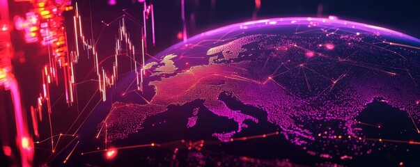 A vibrant digital representation of Europe with interconnected data points and rising graphs, illustrating modern technology and global connectivity.