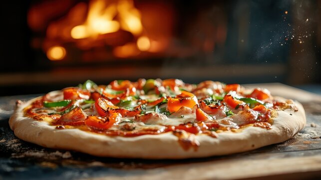 This tantalizing pizza showcases vibrant bell peppers, fresh herbs, and melted cheese, creating an irresistible visual appeal with a comforting, warm ambiance in the background.