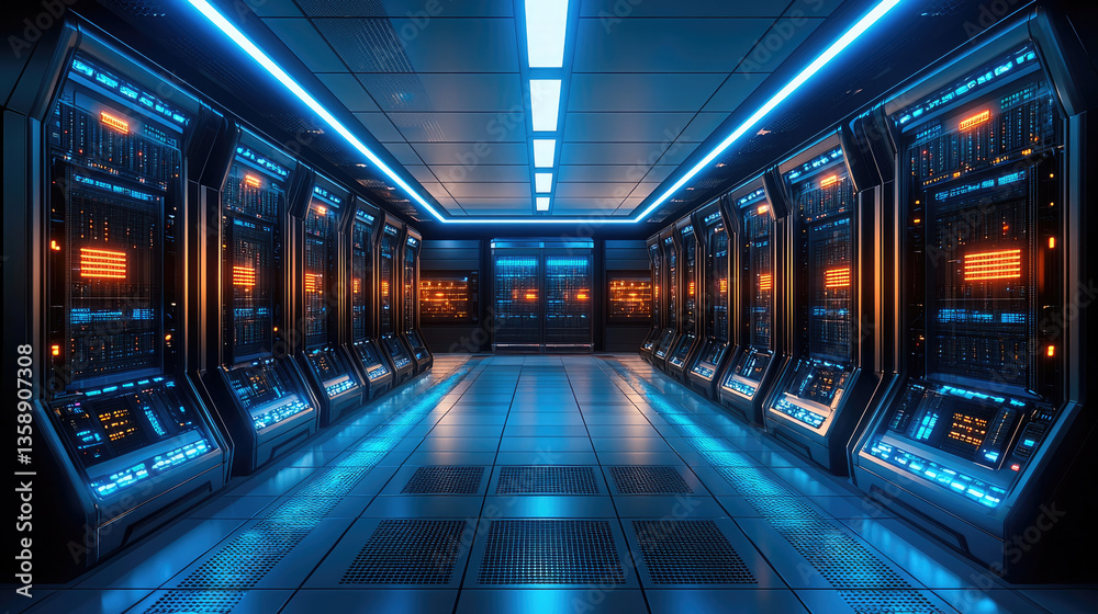 Fototapete high tech data center featuring rows of server racks illuminated by blue and orange lights, showcasi