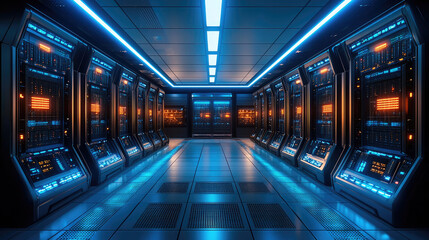 high tech data center featuring rows of server racks illuminated by blue and orange lights, showcasing modern and futuristic design. atmosphere conveys sense of advanced technology and efficiency