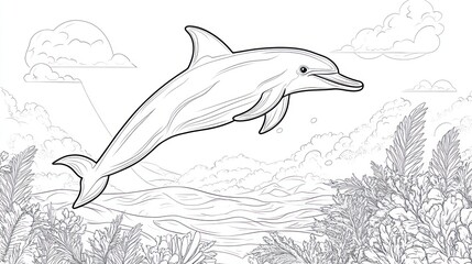 Obraz premium Dolphin jumping, ocean scene, coloring book, kids activity