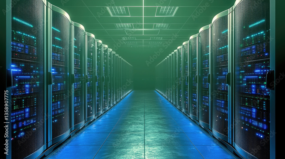 Leinwandbilder High tech data center with rows of servers, illuminated by blue lights, showcasing advanced technology and modern infrastructure. atmosphere is futuristic and efficient