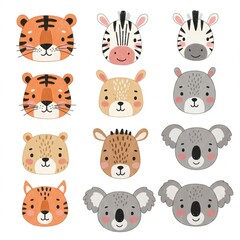 Cute Cartoon Animal Faces, Hand-Drawn Wildlife Characters