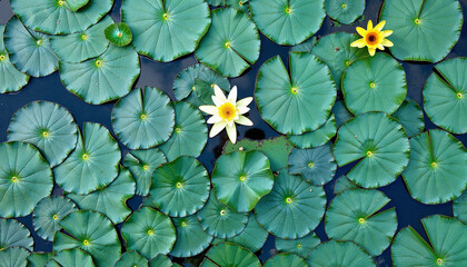 Water lilies blooming on green leaves in tranquil pond  