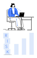 Woman seated at desk using laptop, surrounded by arrows symbolizing analysis. Risk blocks and bar chart suggest assessment or forecasting. Ideal for business, data, risk analysis, finance, strategy