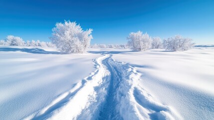 Obraz premium A serene winter landscape with a snowy path winding through frost-laden trees under a bright blue sky, creating a picturesque scene of tranquility and beauty.
