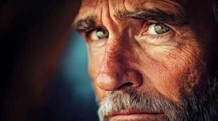 Obraz premium A man with a beard and a blue eye staring at the camera. The man's face is wrinkled and his eyes are closed