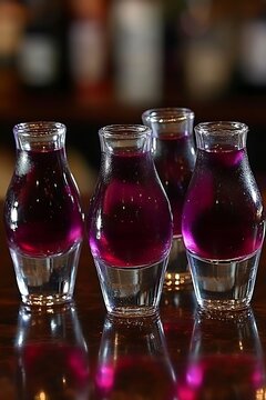 Vibrant purple elixir in vintage-inspired shot glasses, a toast to elegance