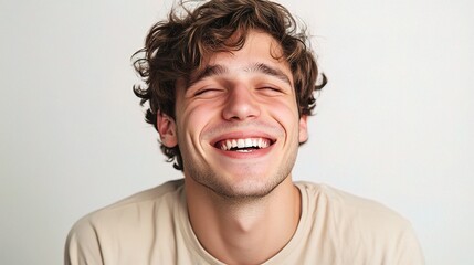 Fototapeta premium Handsome Young Man Smiling in Close-Up Portrait with Natural Light