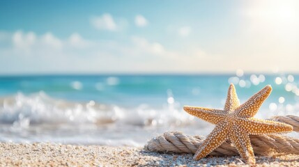 A beautiful starfish rests on sandy beach, complemented by coiled rope, capturing the essence of summer, vacation, and the calming sounds of the ocean waves in the background.