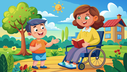 Naklejka premium Happy child with disability communicating with special needs educator outdoors - cerebral palsy concept