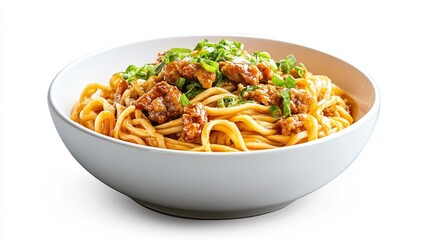 Delicious Spaghetti with Meat Sauce and Green Onions in White Bowl on Isolated Background
