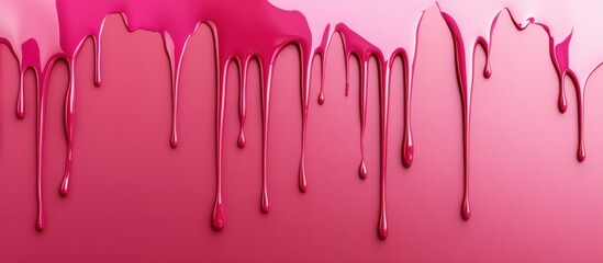 luxury stain drip effect, pink fuchsia raspberry shade, artistic fluid motion, realistic texture, smear, lip balm, cosmetic product, isolated, glossy surface background, beauty, luxury makeup, banner.