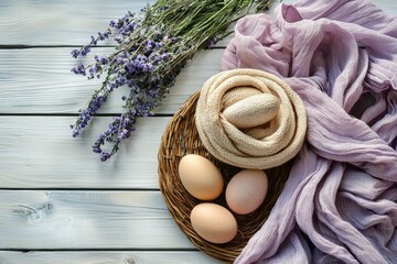 Round wooden board with elegant natural easter styled items including eggs twine dried lavender and hat forming aesthetic rustic spring setup with vintage vibe