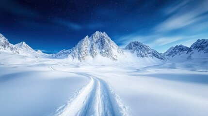 An inviting snowy trail cutting through stunning mountainous terrain, showcasing the beauty of winter landscapes and beckoning adventure seekers to explore the great outdoors.