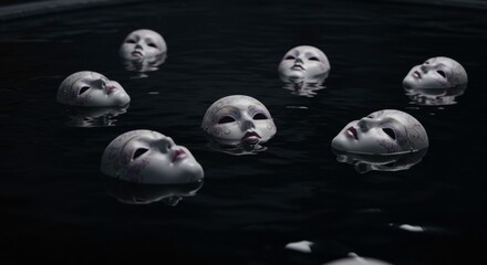 Mysterious Venetian Masks Floating in Dark Water Eerie Night Scene Dramatic Imagery