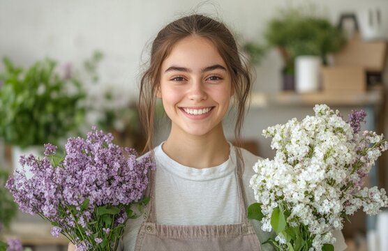Smiling Young Florist Holding Lilac and White Flower Arrangements in Shop