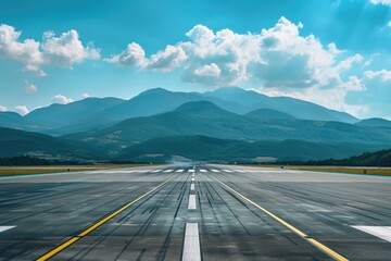 empty runway of airport with blue sky and mountain in background