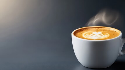 A pleasing image shows a white mug of steaming latte art featuring a heart design, symbolizing love and comfort, creating a cozy atmosphere perfect for enjoyment.