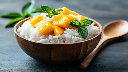 A visually appealing bowl of sticky coconut rice topped with ripe, sweet mango chunks and fresh mint leaves, perfect for a tropical dessert or snack.