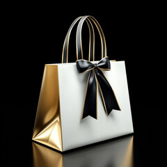 stylish gift bag featuring sleek design with white body and elegant gold accents, complemented by black ribbon bow. This luxurious bag is perfect for special occasions and celebrations