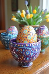 Ceramic flowerpot with green plant and dyed eggs arranged in soil creating playful easter home decor mockup with gardening spring vibe in indoor decorative styling