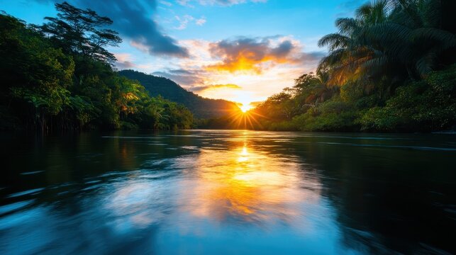 This breathtaking image captures the vibrant colors of the sunset reflecting on a peaceful river, framed by lush greenery, evoking feelings of tranquility and awe in nature.