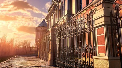 Black metal fence with ornate patterns and a majestic iron gate introduces a stunning Russian-style school, glowing under the sunny sky. 