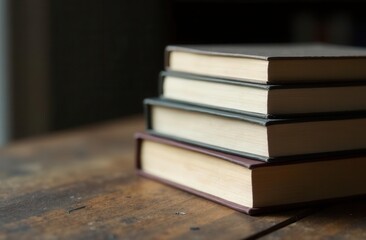 Stack of old book on wooden table, close up