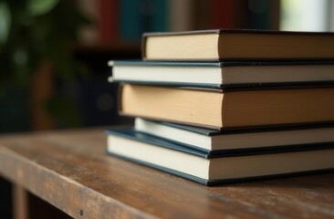 Stack of old book on wooden table, close up
