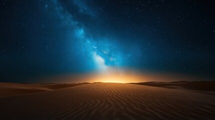 A breathtaking view of a starlit night sky illuminating the endless desert landscape, illustrating the grandeur of nature and inviting viewers to reflect on life's wonders.
