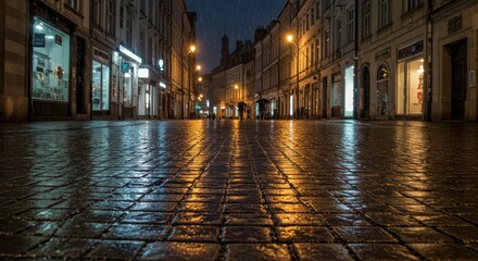 Fototapeta premium Rainy Night City Street Cobblestone Pavement Wet Reflective Surface Dark European Architecture