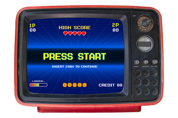 PRESS START. pixel art .8 bit game. Retro Futurism Sci-Fi Background. glowing neon grid. on old retro television. Isolated on white background.