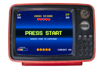 PRESS START. pixel art .8 bit game. Retro Futurism Sci-Fi Background. glowing neon grid. on old retro television. Isolated on white background.