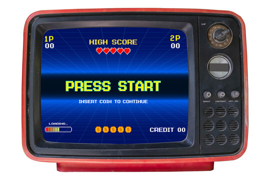 PRESS START. pixel art .8 bit game. Retro Futurism Sci-Fi Background. glowing neon grid. on old retro television. Isolated on white background.