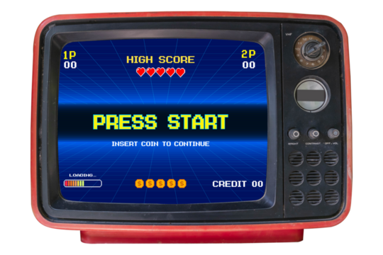 PRESS START. pixel art .8 bit game. Retro Futurism Sci-Fi Background. glowing neon grid. on old retro television. Isolated on white background.