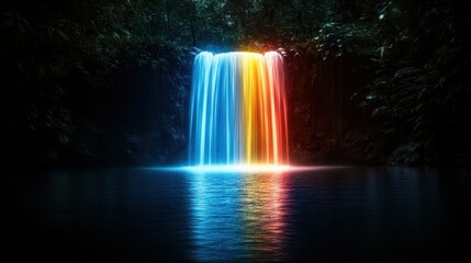An enchanting waterfall cascades into a tranquil pool, illuminated by vibrant lights. This stunning fusion of nature and artistry captures the imagination and evokes feelings of zen.
