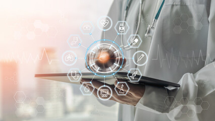 Medical tech research, innovative iot global healthcare ai technology with telehealth, telemedicine service concept with doctor analyzing online on EHR, EMR big data  patient health record in hospital