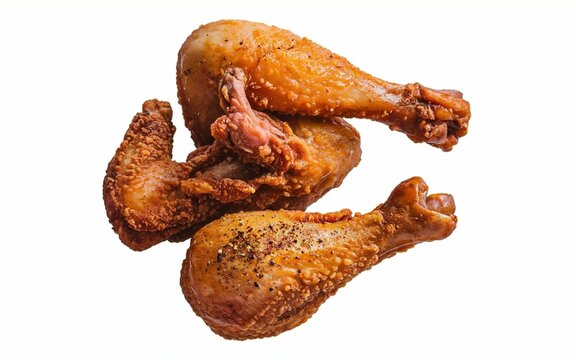 A photo of a fried chicken leg and wing isolated on a white background. The chicken is golden brown and has a crispy skin
