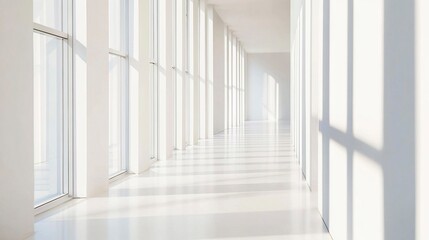 Obraz premium Cheerful school corridor with sunlight pouring through windows, pristine floors, and simple walls, creating a fresh, open area for copyspace. 