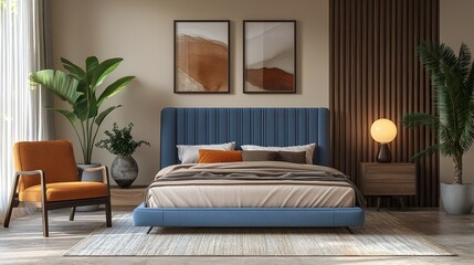 Luxurious Bedroom Retreat: Blue Velvet Headboard, Teal Pillows, Beige Bedding, Contemporary Furniture, Warm Lighting, Greenery Views, Artistic Painting, Comfortable Armchair