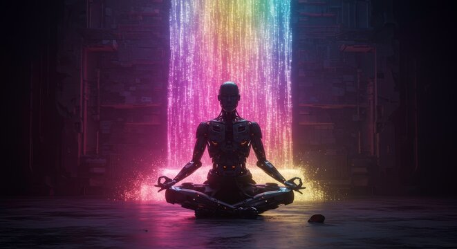 Futuristic Robot in Lotus Pose Meditating before a Digital Waterfall Cyberpunk Setting
