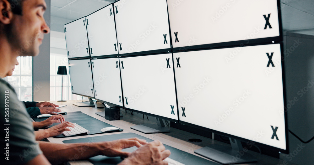 Poster man, screen or space on computer in data center for trading, finance or stock market prices. analysi