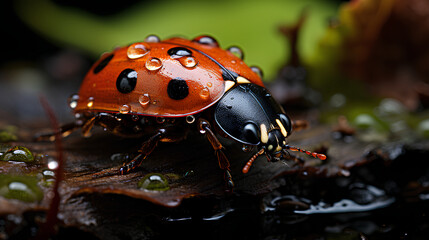 Obraz premium Macro View Photograph of a Ladybug on a Leaf in the Rain