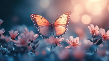 Beautiful butterfly amidst blooming flowers, soft light, nature scene