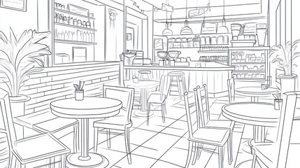Obraz premium Interior sketch of a cafe, tables and chairs, shelves, plants, coffee equipment. Possible use Stock photo for cafe design, architecture, interior design