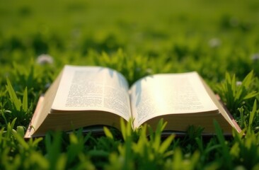 Opened book on green grass, close up, sunny day
