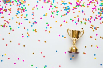 trophy lying on white background with colorful confetti