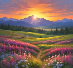 Naklejka premium Illustration of spring landscape with field and flowers.