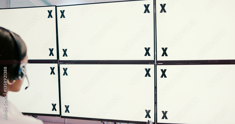 Poster back, woman or space on computer in call center for trading, finance or stock market prices in night